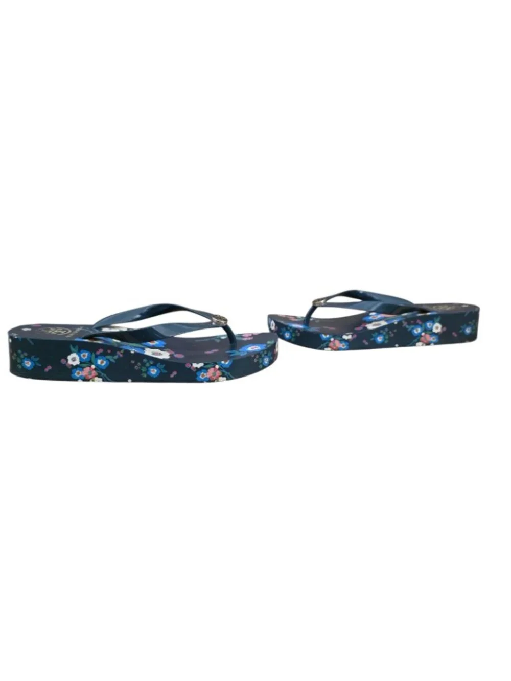 Tory Burch Floral Wedge Flip Flop Sandals Navy 9